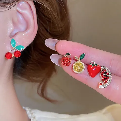 Pendientes De Frutas Aleación Diamantes De Imitación Esmalte Fresa Cereza Sandía Limón Manzana Con Poste De Acero Inoxidable