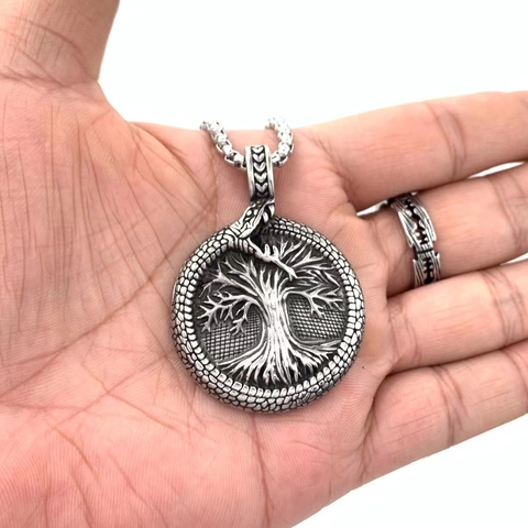 Viking Tree Of Life Pendant Necklace Stainless Steel Ouroboros Snake Nordic Runes Vegvisir Compass Retro Punk For Men