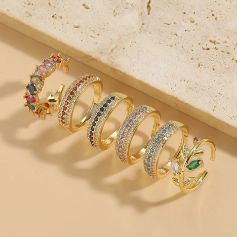 Fashion Adjustable Open Ring Copper 14K Gold Plated Colorful Zircon Leaf Geometric Jewelry For Women