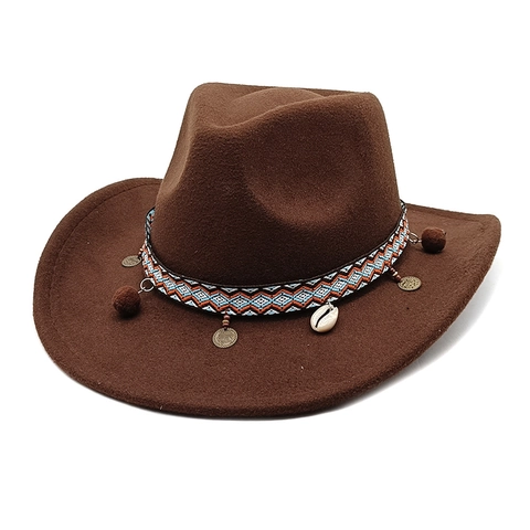 Sombrero De Vaquero Occidental Fedora Algodón Poliéster Fieltro Banda Tejida Étnica Concha Monedas Pompones Estilo Retro