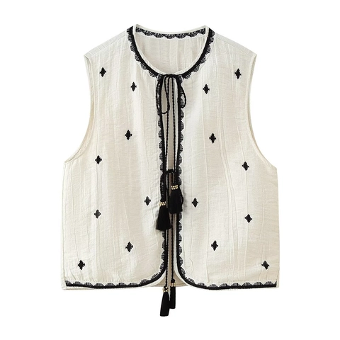 Set Gilet E Pantaloncini Ricamati Bohemien Da Donna Scollo A V Senza Maniche Con Nappe Top Casual Vita Alta Stile Etnico Due Pezzi
