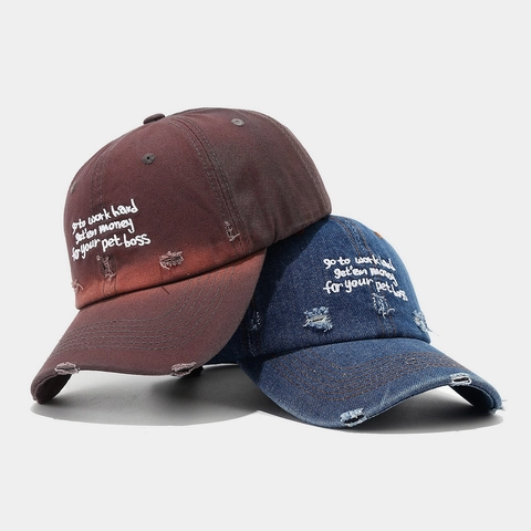Casquette De Baseball Distressed Coton Denim Trou Cassé Broderie Lettre Ajustable Chapeau Soleil Streetwear Hommes Femmes
