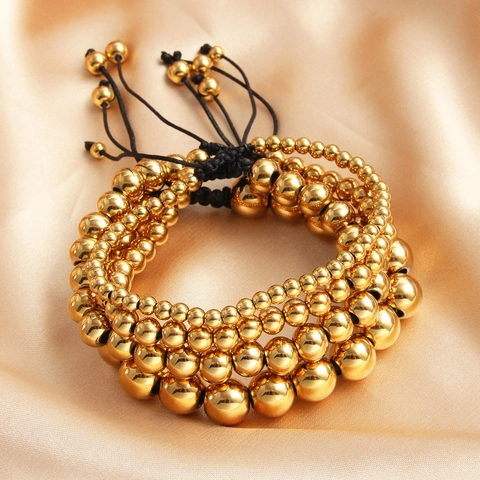 Stainless Steel Beaded Bracelet Gold Plated Adjustable Braided Rope Minimalist Trendy Jewelry For Men Women