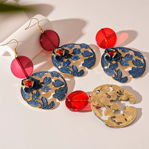 Orecchini Pendenti A Fiore Retro Lega Resina Laccato Design Cavo Con Perno In Argento Sterling 925 Geometrici Rosso Blu