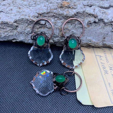 Retro Maple Leaf Pendant Copper Necklace With Faceted Glass And Green Agate Oval Cabochon Bohemian Vintage Style