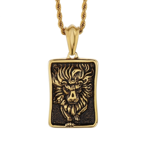 Lion Head Pendant Necklace Stainless Steel Hip Hop Punk Retro Embossed Square Tag Jewelry For Men