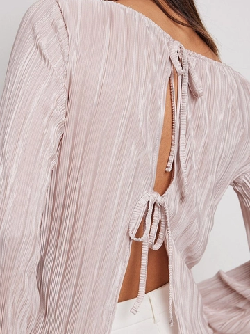 Women Pleated Long Sleeve Top Polyester Spandex Back Tie Lace Up Elegant Slim Fit Flared Sleeve Lettuce Edge Hem Shirt