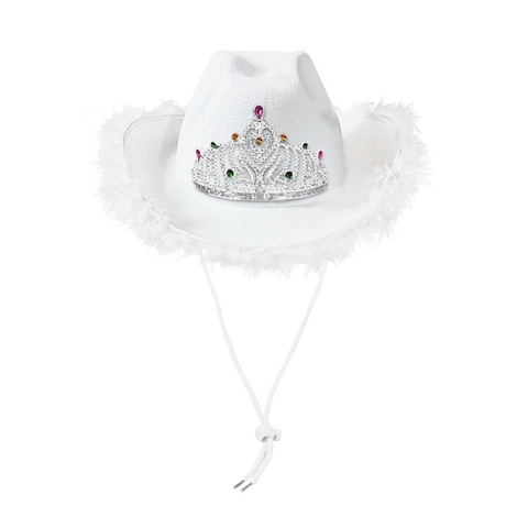 Western Cowboy Hat With Tiara Crown Faux Gemstones And Feather Trim Costume Party Accessory Adjustable Strap