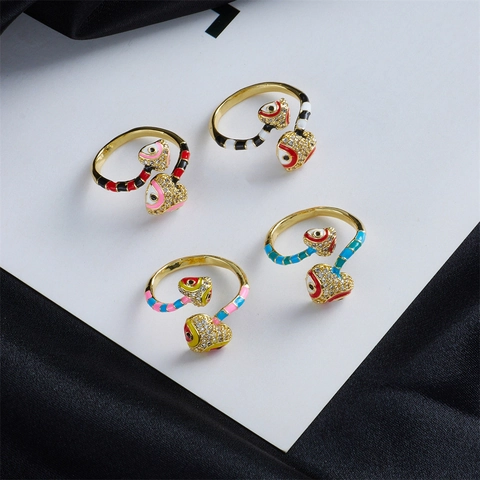 Hart Slang Boze Oog Open Ring Koper Verguld Kleurrijke Emaille Micro Pave Zirkonia Verstelbaar Mode Boho Voor Vrouwen