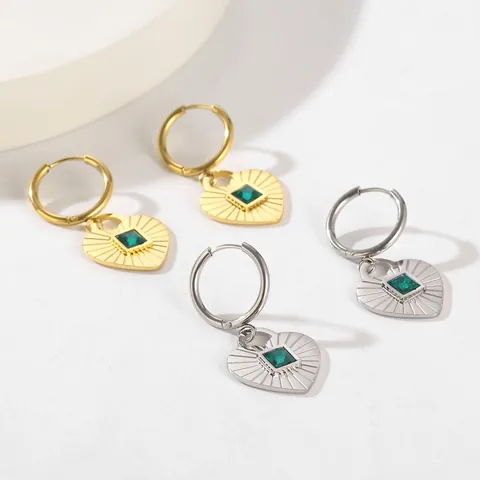 Heart Pendant Hoop Earrings Stainless Steel Green Glass Emerald Square Stone Radial Texture Vintage Jewelry For Women