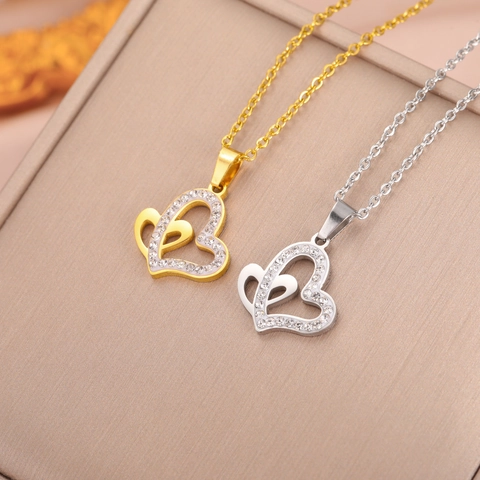 Stainless Steel Double Heart Pendant Necklace For Women Elegant Rhinestone Inlaid Gold Silver Color Fashion Jewelry Gift