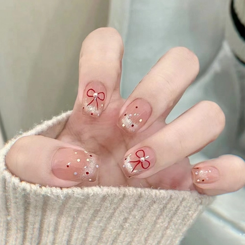 Roze Franse Cat Eye Press On Nagels Met Rode Strik En Kunstmatige Kunstparel Polka Dot Ontwerp Plastic Kunstnagels