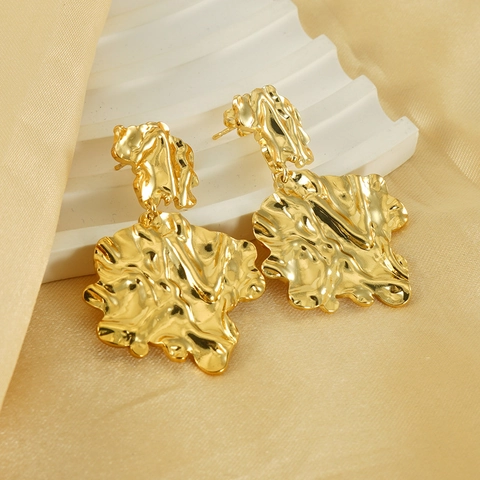Vintage Statement Earrings 18K Gold Plated Stainless Steel Irregular Lava Leaf Branch Hollow Drop For Women