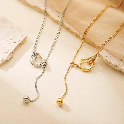 Collar En Y De Doble Anillo Entrelazado De Acero De Titanio Chapado En Oro Colgante Geométrico De Zircón Dije Esfera Mujer