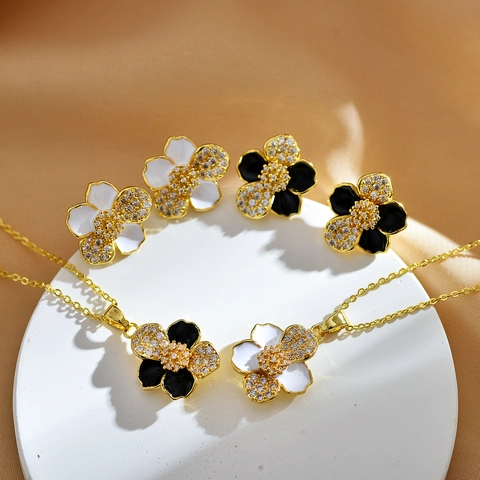 Bloem Ketting En Oorbellen Koper Micro Pave Zirkoon Emaille Elegant Minimalistisch Mode Voor Vrouwen