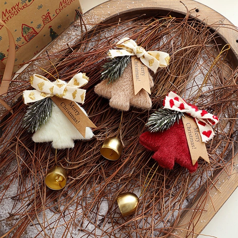 Christmas Tree Plush Bell Hanging Ornament With Bow Pine Needle Metal Bell Decorative Holiday Home Door Decor