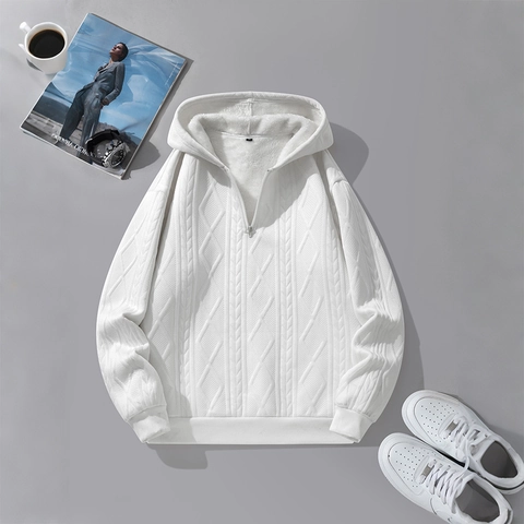Herren Quarter-Zip Hoodie Fleece Gefüttert Jacquard Sweatshirt Langarm Dick Warm Casual Solid Pullover Herbst Winter