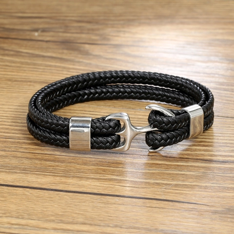 Bracelet Ancre En Cuir Tressé Vintage Pour Hommes Fermoir En Acier Inoxydable Style Nautique Bracelet Multicouche Bijoux