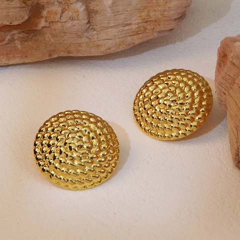 Vintage Round Stud Earrings 304 Stainless Steel Woven Texture Geometric Gold Plated Elegant Jewelry For Women