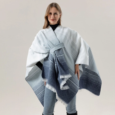 Damen Ethno Gestreifter Strickschal Poncho Mit Quasten Böhmen Reisen Warmer Übergroßer Schal Strickjacke Wrap