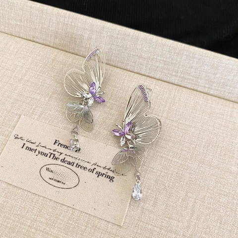 Butterfly Hollow Drop Earrings With Purple Zircon Silver Earring Post Copper Jewelry For Women Fashion Chic Design