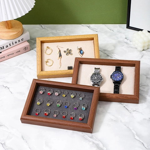 Wood Jewelry Display Tray Velvet Lining Ring Earring Watch Necklace Storage Organizer Elegant Desktop Showcase