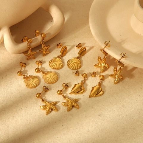 Ocean Starfish Shell Conch Stud Earrings 18K Gold Plated Stainless Steel Fashion Summer Beach Jewelry For Women