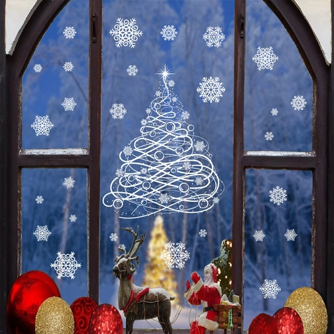Christmas Window Stickers White Snowflake Christmas Tree Decals Static Cling PVC Removable Glass Door Decor For Holiday Party Home