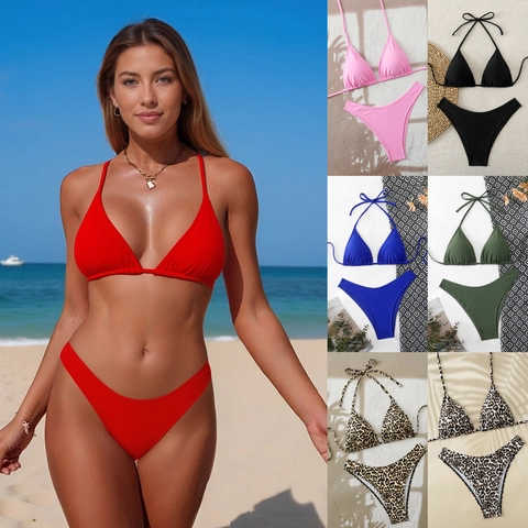 Women Bikini Set Two Piece Swimsuit Halter Neck Triangle Top High Cut Bottom Sexy Beachwear Solid Color Leopard Print