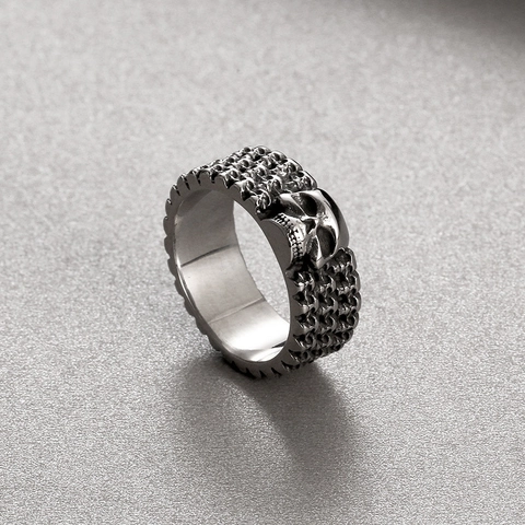 Vintage Skull Ring Stainless Steel Gothic Punk Biker Ghost Head Embossed Wide Band Jewelry Gift For Cool Men