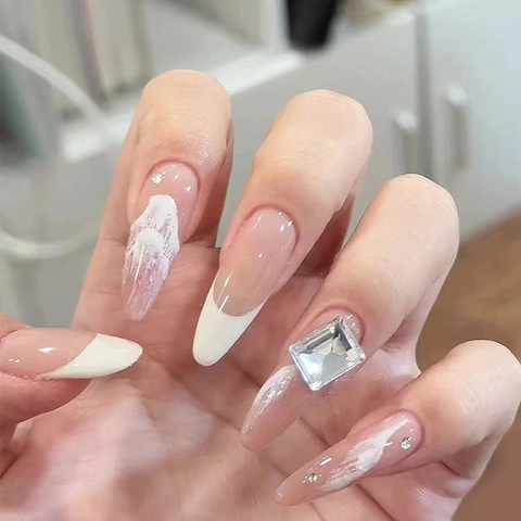 Press On Nails Long Almond French Tip Artificial Nails With Rhinestone Marble Pattern Light Pink Wave Elegant For Women