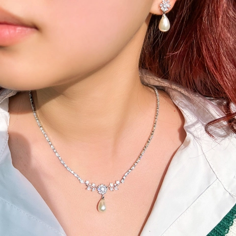 Luxury Copper Zirconia Teardrop Artificial Pearl Necklace And Earring Jewelry Set For Women Elegant Wedding Party Jewelry