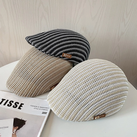 Knitted Hollow Mesh Flat Cap Breathable Polyester Sunshade Retro Korean Style Ivy Hat For Summer Outdoor