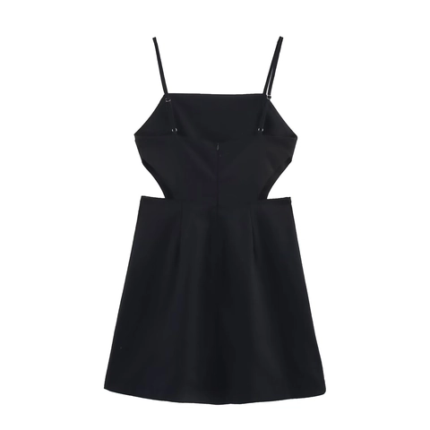 Sexy Mini Dress Polyester Backless Cut Out Side Spaghetti Strap Nightclub Party Elegant Solid Black For Women
