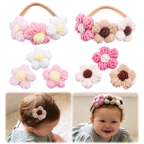 Baby Handmade Crochet Flower Hairband And Hair Clips Soft Milk Cotton Wool Headband For Newborn Toddlers Kids Photography