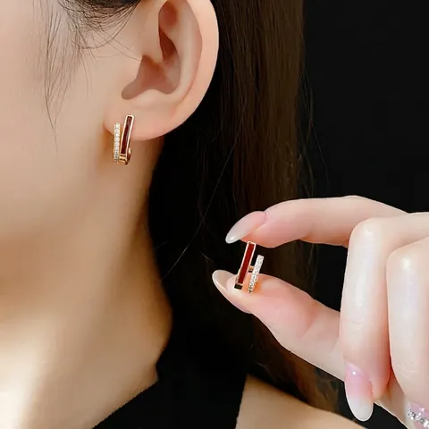 Elegant C-Shape Stud Earrings With Copper Cubic Zirconia And Enamel Silver Earring Post Minimalist Chic Jewelry For Women
