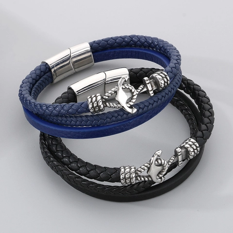 Bracciale Uomo Retro Pelle Intrecciata Multistrato Con Ciondolo Ancora In Acciaio Inossidabile Chiusura Magnetica Stile Nautico
