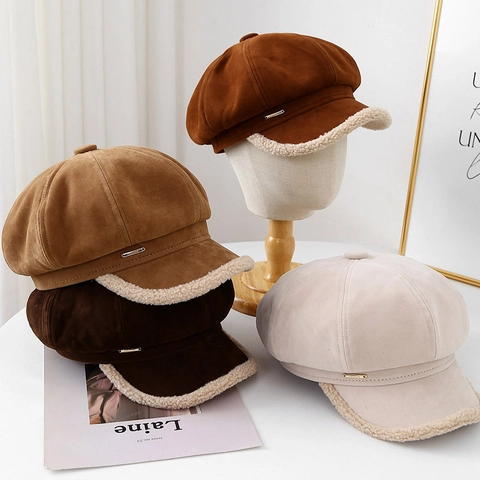 Berretto Newsboy In Camoscio Bordo Sherpa Cappello Ottagonale Fodera Trapuntata Moda Retrò Antivento Inverno Per Donna