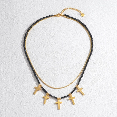 Dubbellaagse Hanger Ketting Roestvrij Staal Zwarte Kralen Gouden Slangenketting Vintage Blad Kruis Sieraden Dames