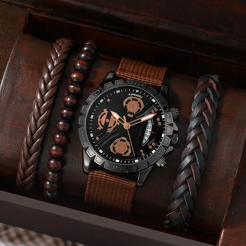 Men Quartz Watch And Bracelet Alloy Case Canvas Strap Luminous Date Display Business Casual Male Wristwatch