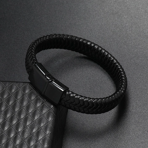 Bracelet En Cuir PU Tressé Avec Fermoir Magnétique En Alliage Bijoux Style Hip Hop Rétro Pour Hommes