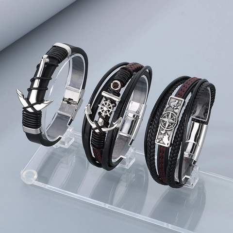 Pulsera De Cuero PU Trenzada Multicapa Para Hombre Con Cierre Magnético De Acero Inoxidable Dijes De Ancla Brújula Mapa Del Mundo