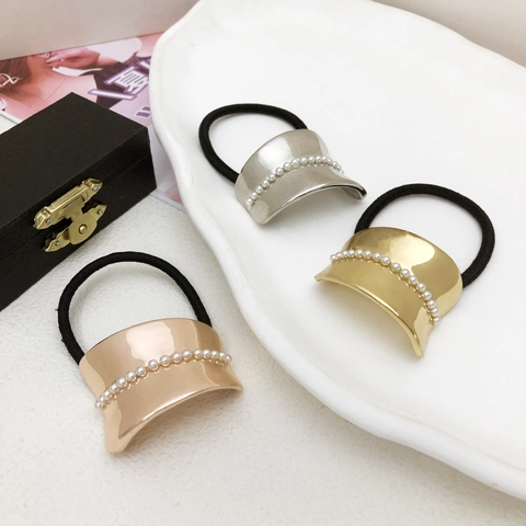 Elegante Elastische Haarelastiekjes Met Gebogen Metalen Plaat En Kunstparels Minimalistische Haarbanden Dames Ponytail Holder