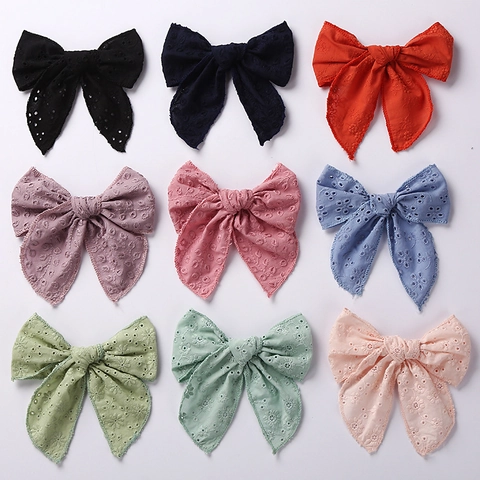 Large Bow Hair Clip Embroidered Cotton Eyelet Lace Alligator Clip Solid Color Princess Style Girls Baby Kids