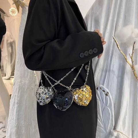 Mini Borsa Da Sera A Forma Di Cuore Paillettes Pelle PU Catena Metallo Borsa A Tracolla Per Donne Moda