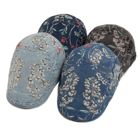 Vintage Platte Pet Met Bloemenprint Denim Gewassen Katoen Verstelbare Ivy Newsboy Hoed Voor Dames En Heren