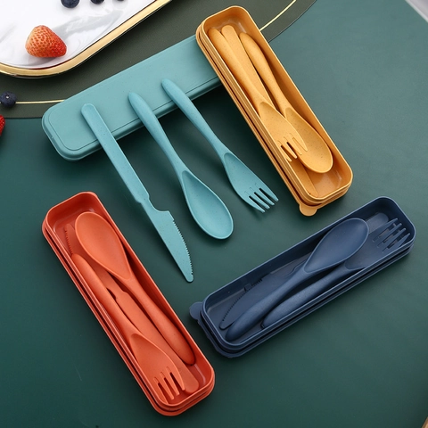 Portable Travel Cutlery Set Wheat Straw Eco Friendly Reusable Knife Fork Spoon With Storage Case For Office School Picnic