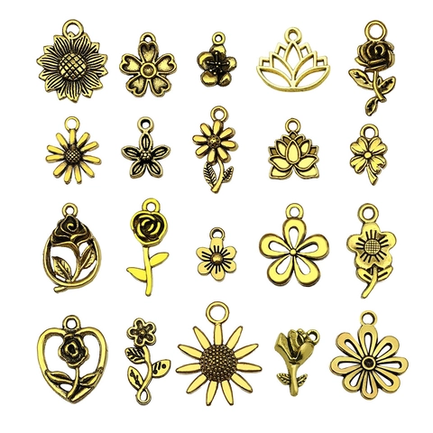 Vintage Zinc Alloy Flower Pendants For DIY Jewelry Making Antique Gold Silver Bronze Lotus Rose Sunflower Daisy Charms