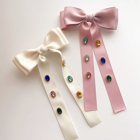 Vintage Double Layer Satin Bow Hair Clip Colorful Rhinestone Streamer Barrette For Girls Hair Accessories
