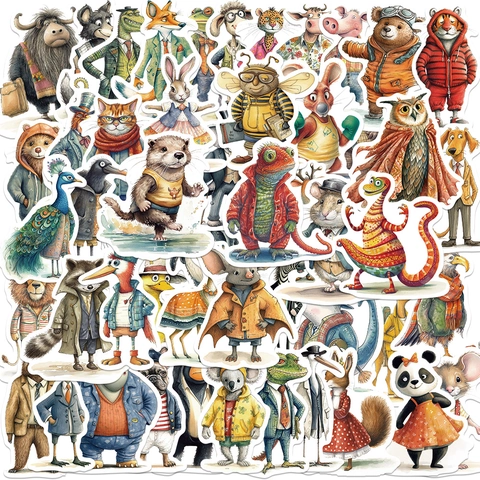 Waterproof Cartoon Anthropomorphic Animal Stickers Watercolor Graffiti Decals For Journal Laptop Luggage DIY Decoration
